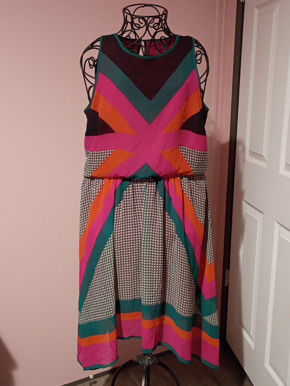 🌻 Nine West Colorblock Geometric Midi Dress in Pink, Teal, Orange, Black